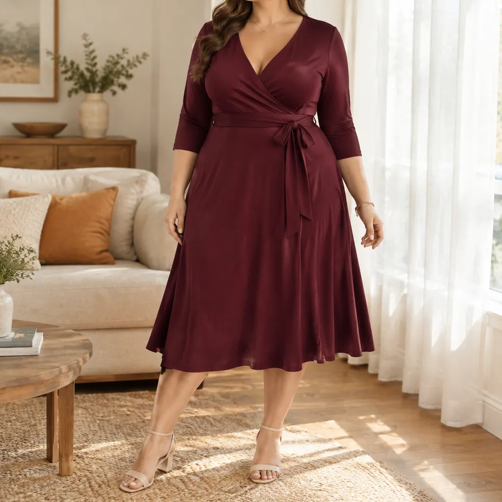 Customer photo: Calissa Jersey Wrap Midi Dress worn by Maya